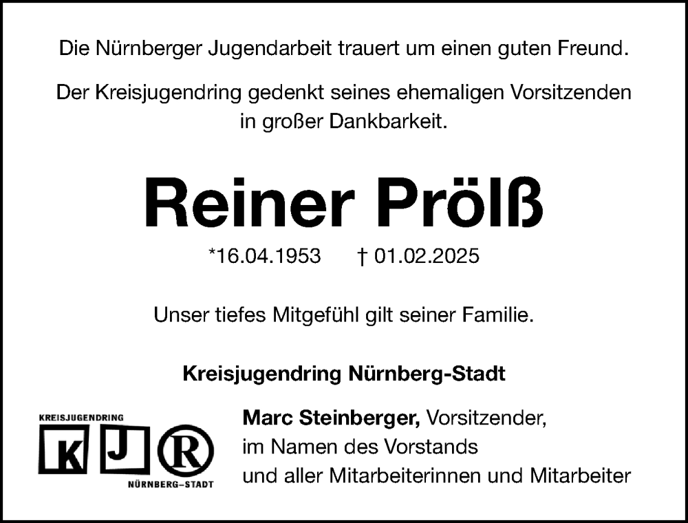  Traueranzeige für Reiner Prölß vom 08.02.2025 aus Gesamtausgabe Nürnberger Nachrichten/ Nürnberger Ztg.