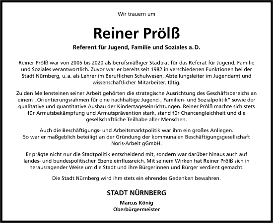 Traueranzeige von Reiner Prölß von Gesamtausgabe Nürnberger Nachrichten/ Nürnberger Ztg.