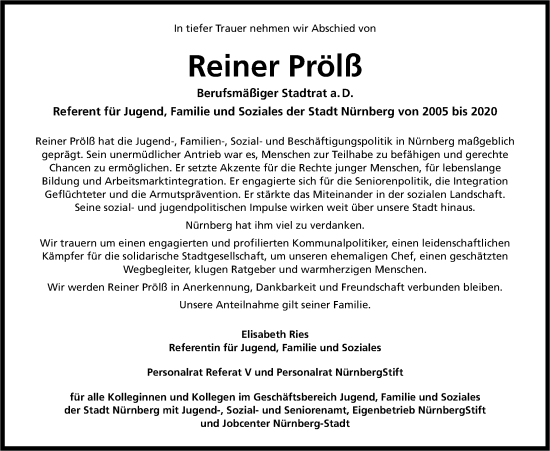 Traueranzeige von Reiner Prölß von Gesamtausgabe Nürnberger Nachrichten/ Nürnberger Ztg.