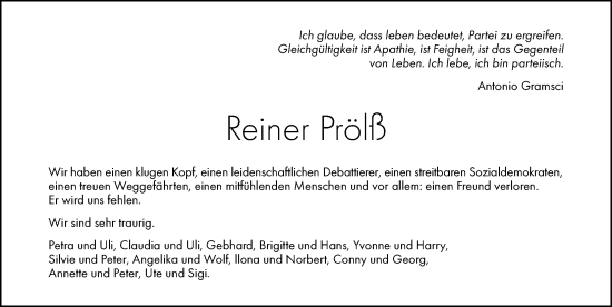 Traueranzeige von Reiner Prölß von Gesamtausgabe Nürnberger Nachrichten/ Nürnberger Ztg.