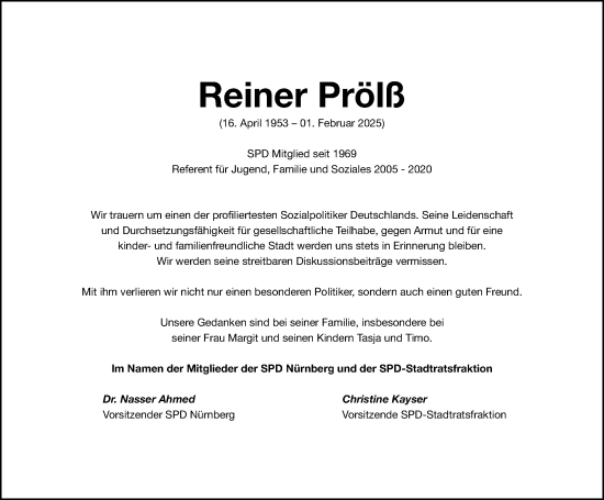 Traueranzeige von Reiner Prölß von Gesamtausgabe Nürnberger Nachrichten/ Nürnberger Ztg.