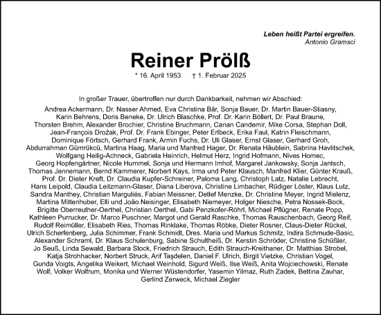 Traueranzeige von Reiner Prölß von Gesamtausgabe Nürnberger Nachrichten/ Nürnberger Ztg.