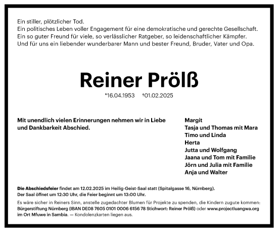 Traueranzeige von Reiner Prölß von Gesamtausgabe Nürnberger Nachrichten/ Nürnberger Ztg.