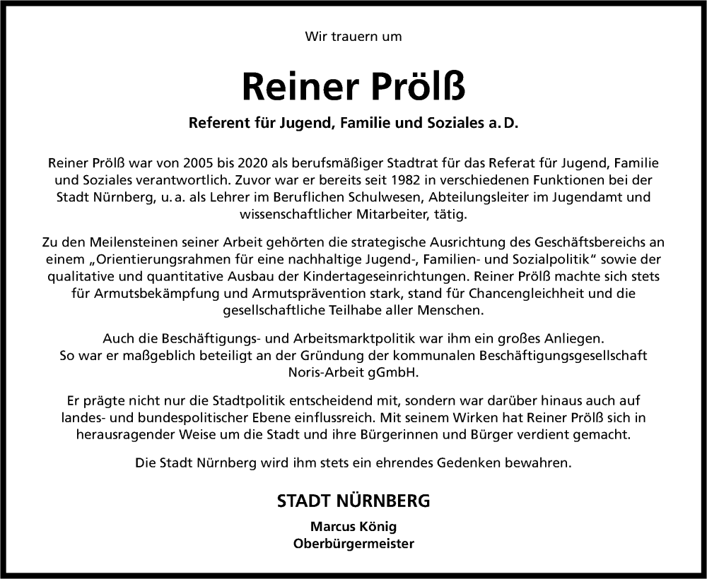  Traueranzeige für Reiner Prölß vom 08.02.2025 aus Gesamtausgabe Nürnberger Nachrichten/ Nürnberger Ztg.