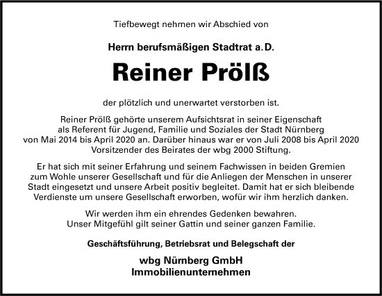 Traueranzeige von Reiner Prölß von Gesamtausgabe Nürnberger Nachrichten/ Nürnberger Ztg.