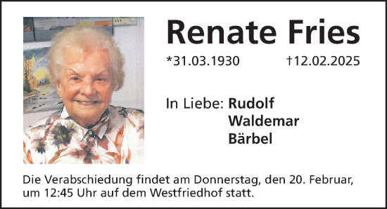 Traueranzeige von Renate Fries von Gesamtausgabe Nürnberger Nachrichten/ Nürnberger Ztg.