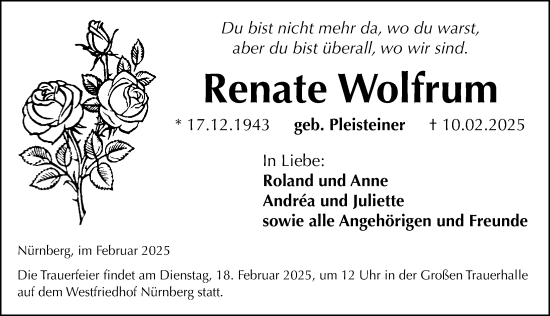 Traueranzeige von Renate Wolfrum von Gesamtausgabe Nürnberger Nachrichten/ Nürnberger Ztg.