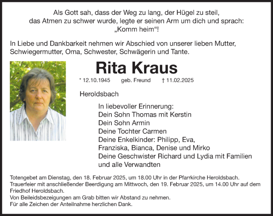 Traueranzeige von Rita Kraus von Nordbayerische Nachrichten Forchheim Lokal