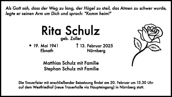 Traueranzeige von Rita Schulz von Gesamtausgabe Nürnberger Nachrichten/ Nürnberger Ztg.