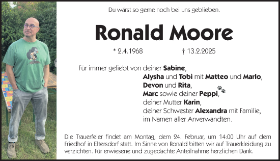 Traueranzeige von Ronald Moore von Erlanger Nachrichten Lokal