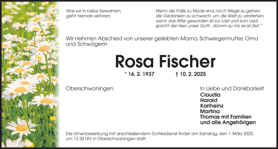 Traueranzeige von Rosa Fischer von Altmühl-Bote Lokal