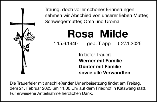 Traueranzeige von Rosa Milde von Gesamtausgabe Nürnberger Nachrichten/ Nürnberger Ztg.