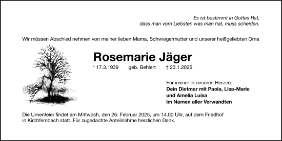 Traueranzeige von Rosemarie Jäger von Gesamtausgabe Nürnberger Nachrichten/ Nürnberger Ztg.