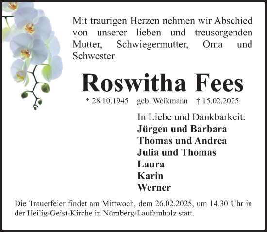 Traueranzeige von Roswitha Fees von Gesamtausgabe Nürnberger Nachrichten/ Nürnberger Ztg.