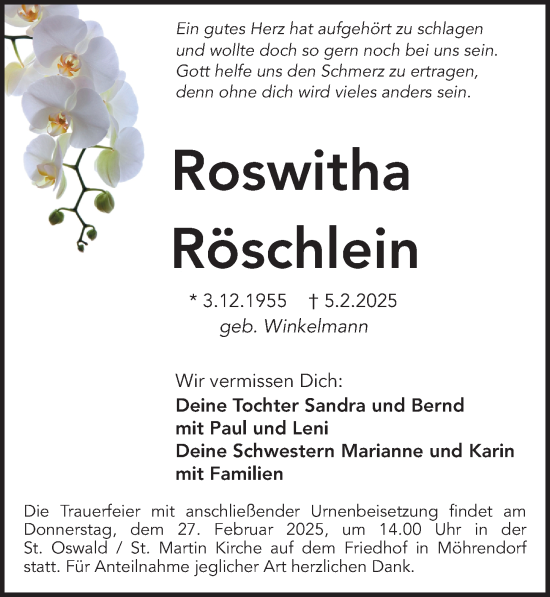 Traueranzeige von Roswitha Röschlein von Erlanger Nachrichten Lokal