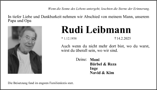 Traueranzeige von Rudi Leibmann von Gesamtausgabe Nürnberger Nachrichten/ Nürnberger Ztg./ Erlanger Nachrichten