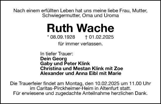 Traueranzeige von Ruth Wache von Gesamtausgabe Nürnberger Nachrichten/ Nürnberger Ztg.