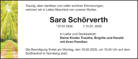 Traueranzeige von Sara Schörverth von Gesamtausgabe Nürnberger Nachrichten/ Nürnberger Ztg.