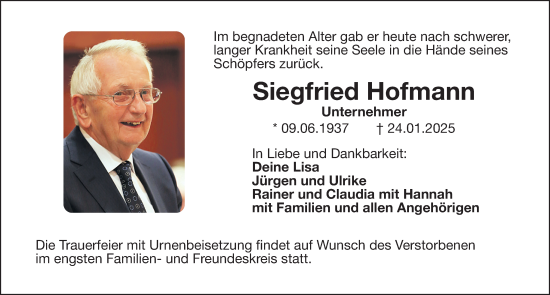 Traueranzeige von Siegfried Hofmann von Gesamtausgabe Nürnberger Nachrichten/ Nürnberger Ztg./ Roth-Hilpoltsteiner Volkszeitung