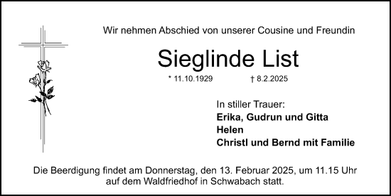 Traueranzeige von Sieglinde List von Schwabacher Tagblatt Lokal