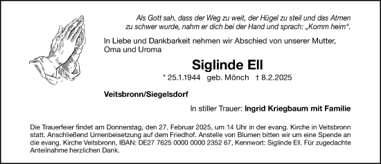 Traueranzeige von Siglinde Ell von Fürther Nachrichten Lokal