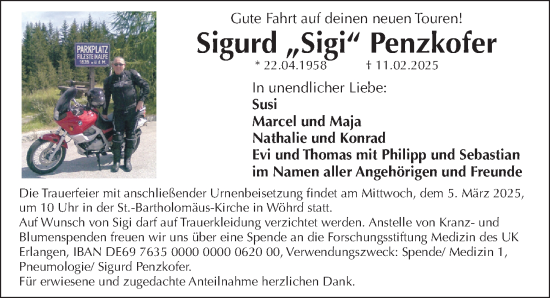 Traueranzeige von Sigurd Penzkofer von Gesamtausgabe Nürnberger Nachrichten/ Nürnberger Ztg.