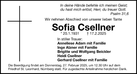 Traueranzeige von Sofia Csellner von Gesamtausgabe Nürnberger Nachrichten/ Nürnberger Ztg.