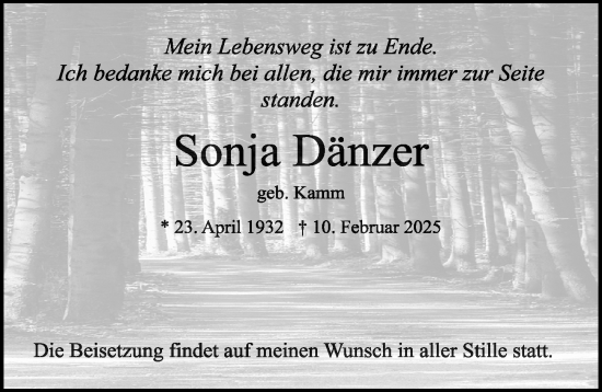 Traueranzeige von Sonja Dänzer von Gesamtausgabe Nürnberger Nachrichten/ Nürnberger Ztg.