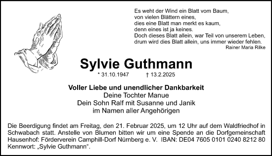 Traueranzeige von Sylvie Guthmann von Gesamtausgabe Nürnberger Nachrichten/ Nürnberger Ztg./ Schwabach