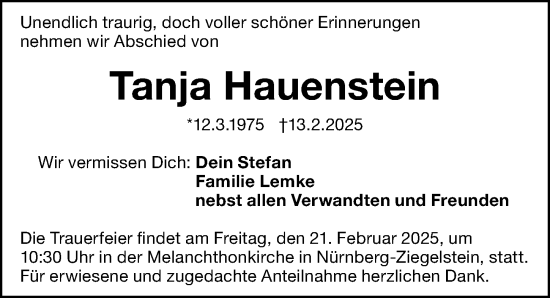 Traueranzeige von Tanja Hauenstein von Gesamtausgabe Nürnberger Nachrichten/ Nürnberger Ztg.