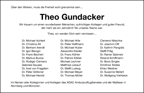Traueranzeige von Theo Gundacker von Gesamtausgabe Nürnberger Nachrichten/ Nürnberger Ztg.