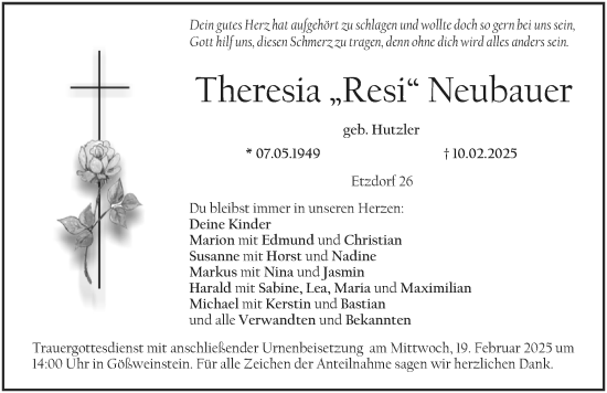 Traueranzeige von Theresia Neubauer von Nordbayerische Nachrichten Forchheim Lokal