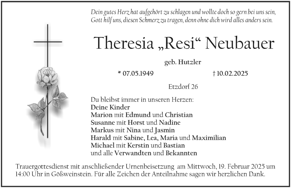  Traueranzeige für Theresia Neubauer vom 15.02.2025 aus Nordbayerische Nachrichten Forchheim Lokal