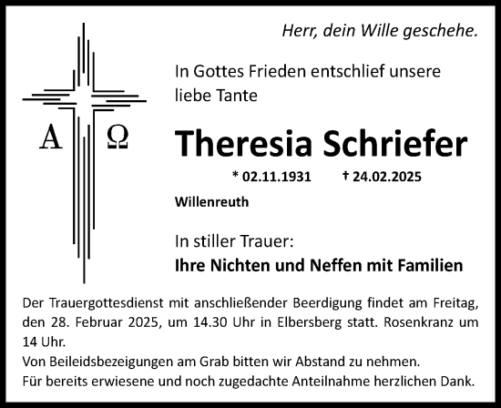 Traueranzeige von Theresia Schriefer von Nordbayerische Nachrichten Pegnitz Lokal