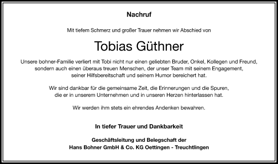 Traueranzeige von Tobias Güthner von Altmühl-Bote Lokal