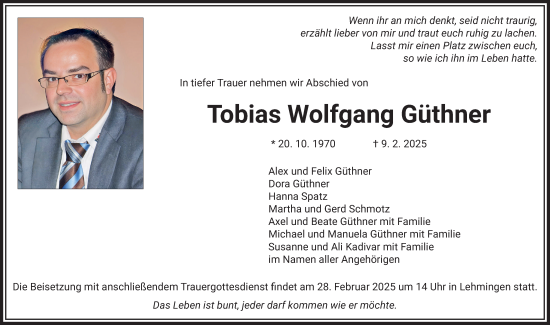 Traueranzeige von Tobias Wolfgang Güthner von Altmühl-Bote Lokal