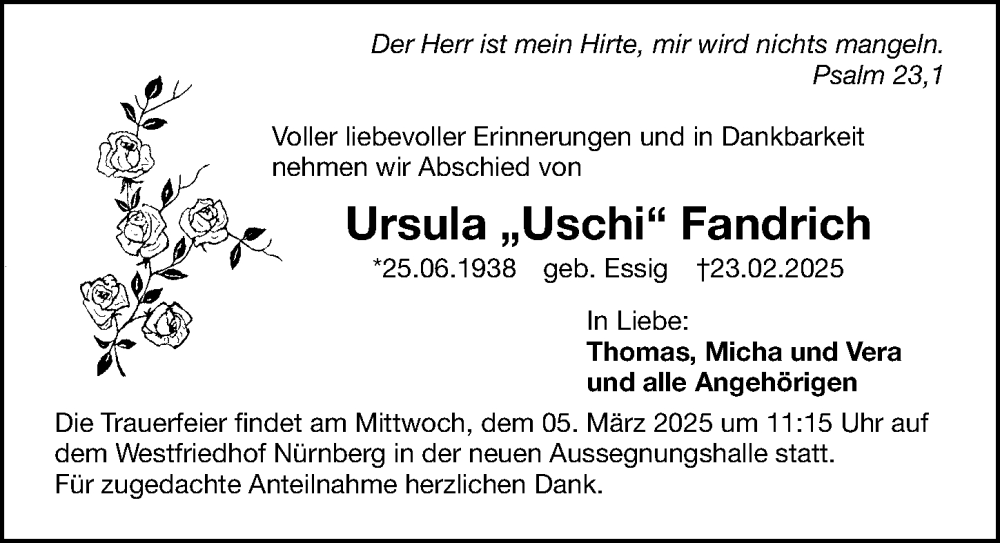  Traueranzeige für Ursula Fandrich vom 01.03.2025 aus Gesamtausgabe Nürnberger Nachrichten/ Nürnberger Ztg.