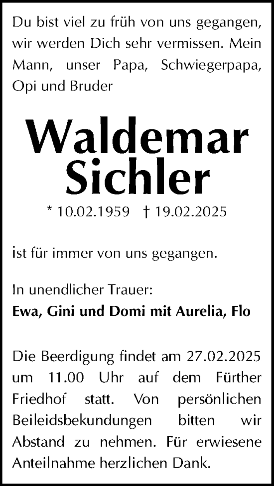 Traueranzeige von Waldemar Sichler von Gesamtausgabe Nürnberger Nachrichten/ Nürnberger Ztg.