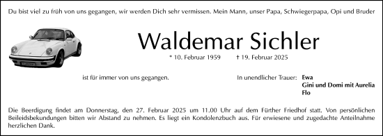 Traueranzeige von Waldemar Sichler von Fürther Nachrichten Lokal