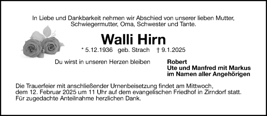 Traueranzeige von Walli Hirn von Fürther Nachrichten Lokal