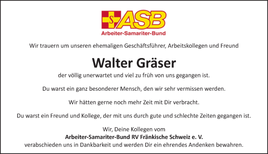 Traueranzeige von Walter Gräser von Nordbayerische Nachrichten Forchheim Lokal