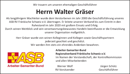 Traueranzeige von Walter Gräser von Nordbayerische Nachrichten Forchheim Lokal