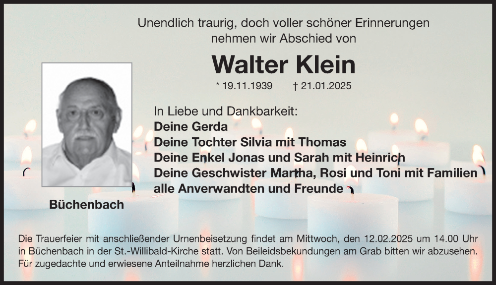  Traueranzeige für Walter Klein vom 11.02.2025 aus Roth-Hilpoltsteiner Volkszeitung Lokal