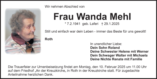 Traueranzeige von Wanda Mehl von Roth-Hilpoltsteiner Volkszeitung Lokal