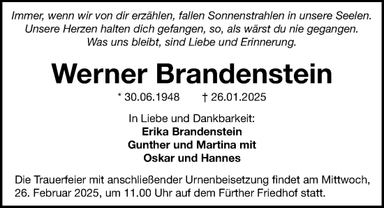 Traueranzeige von Werner Brandenstein von Fürther Nachrichten Lokal