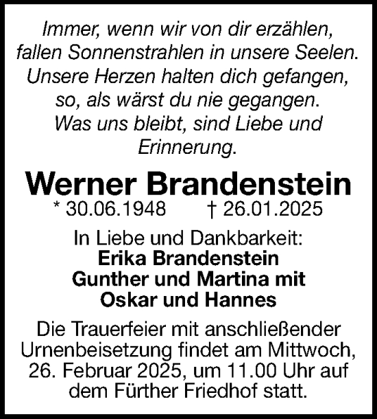 Traueranzeige von Werner Brandenstein von Gesamtausgabe Nürnberger Nachrichten/ Nürnberger Ztg.