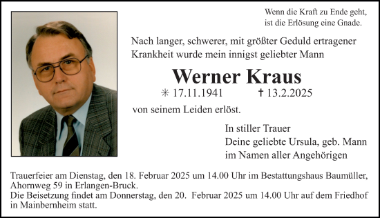 Traueranzeige von Werner Kraus von Erlanger Nachrichten Lokal