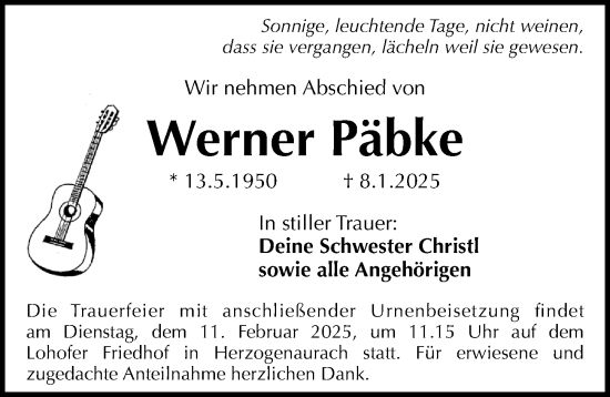 Traueranzeige von Werner Päbke von Erlanger Nachrichten Lokal