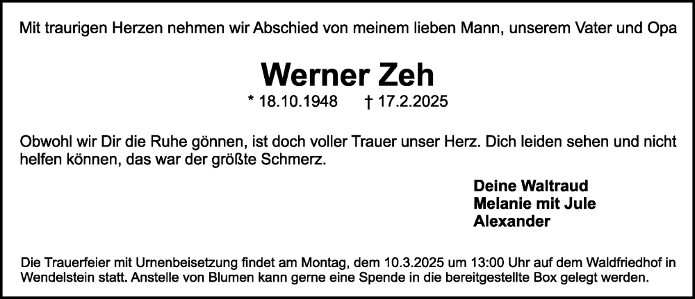  Traueranzeige für Werner Zeh vom 01.03.2025 aus Gesamtausgabe Nürnberger Nachrichten/ Nürnberger Ztg.