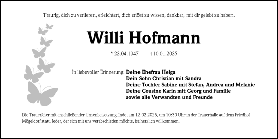 Traueranzeige von Willi Hofmann von Gesamtausgabe Nürnberger Nachrichten/ Nürnberger Ztg.